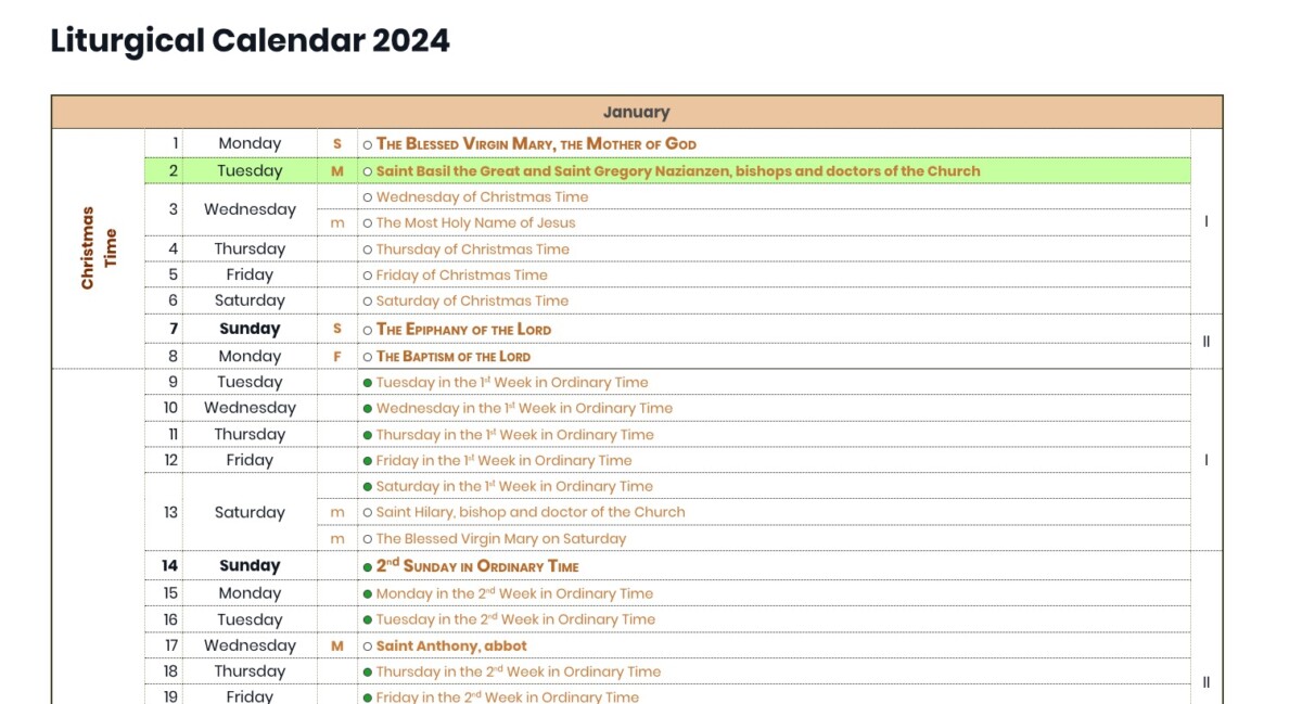 IHM Liturgical Calendar for year 2024