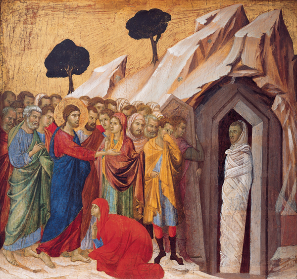'the raising of lazarus', tempera and gold on panel by duccio di buoninsegna, 1310–11, kimbell art museum